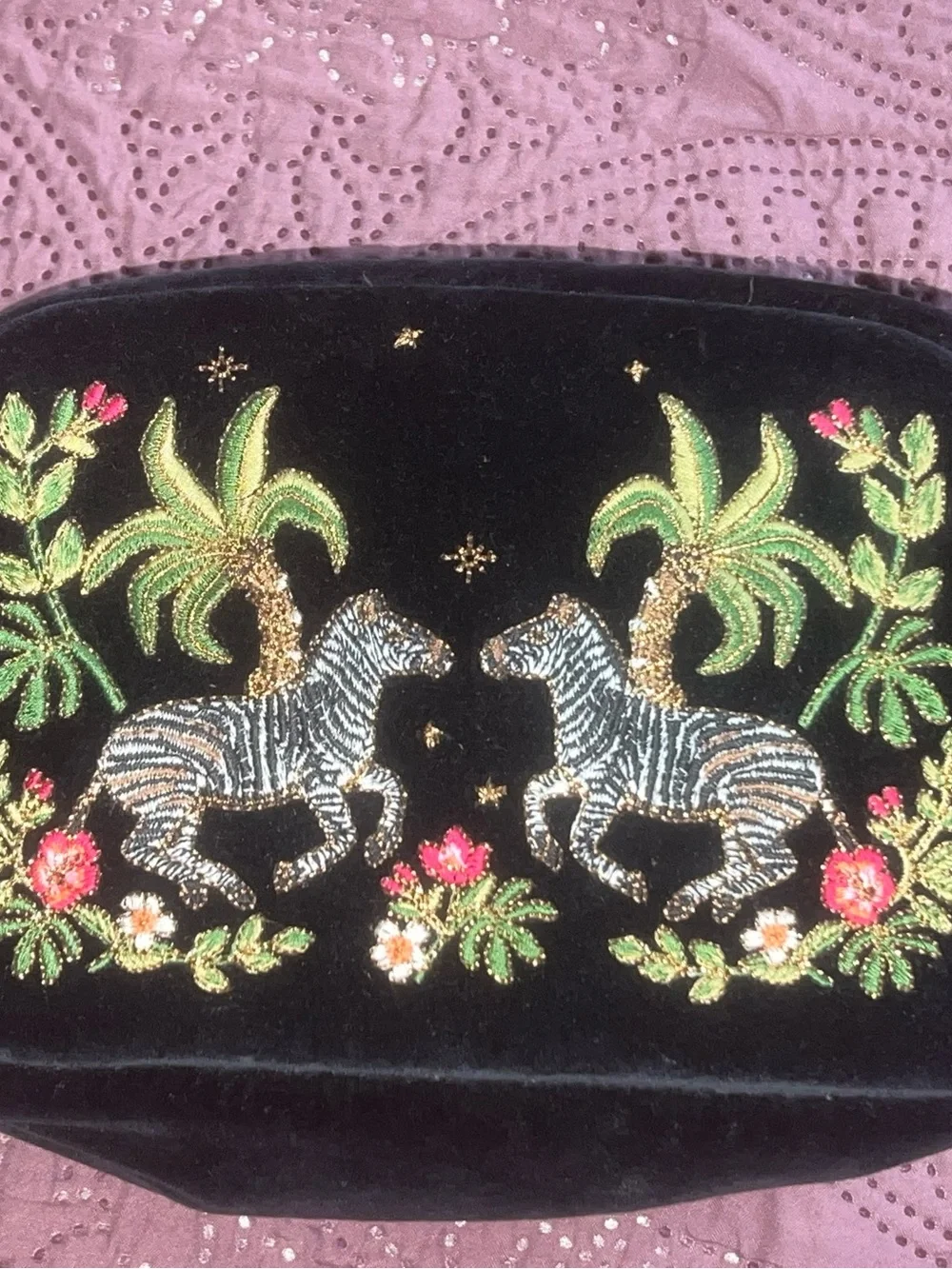 Embroidered Black Velvet Zebra Cosmetic case with Tropical Motif